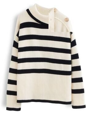 ChicWish Striped Knit Button neck Sweater 3X /4X